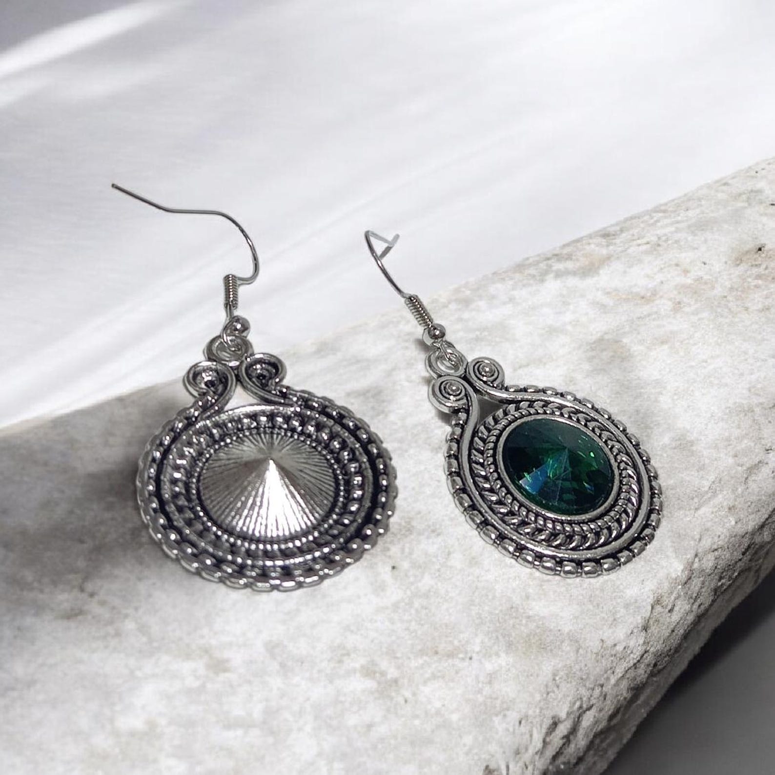 Amazigh Traditional Silver Plated Earrings with Green Stone