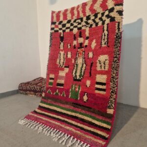 Fuchsia Pink Amazigh Berber Handmade Wool Boujad Rug with Mosaic Design