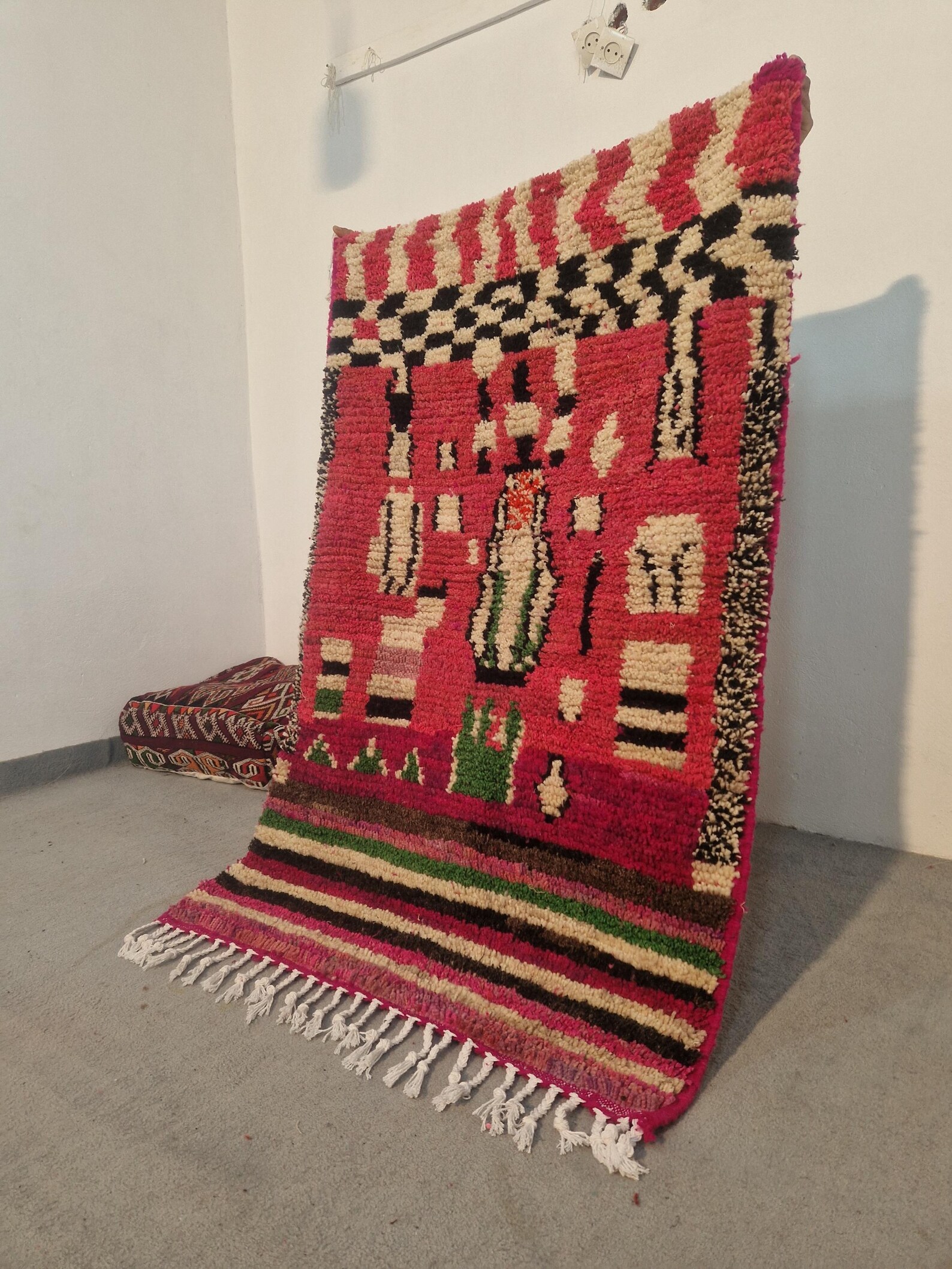Fuchsia Pink Amazigh Berber Handmade Wool Boujad Rug with Mosaic Design