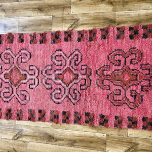 Amazigh Berber Pink Spiral Vintage Hand Knotted Wool Runner Rug