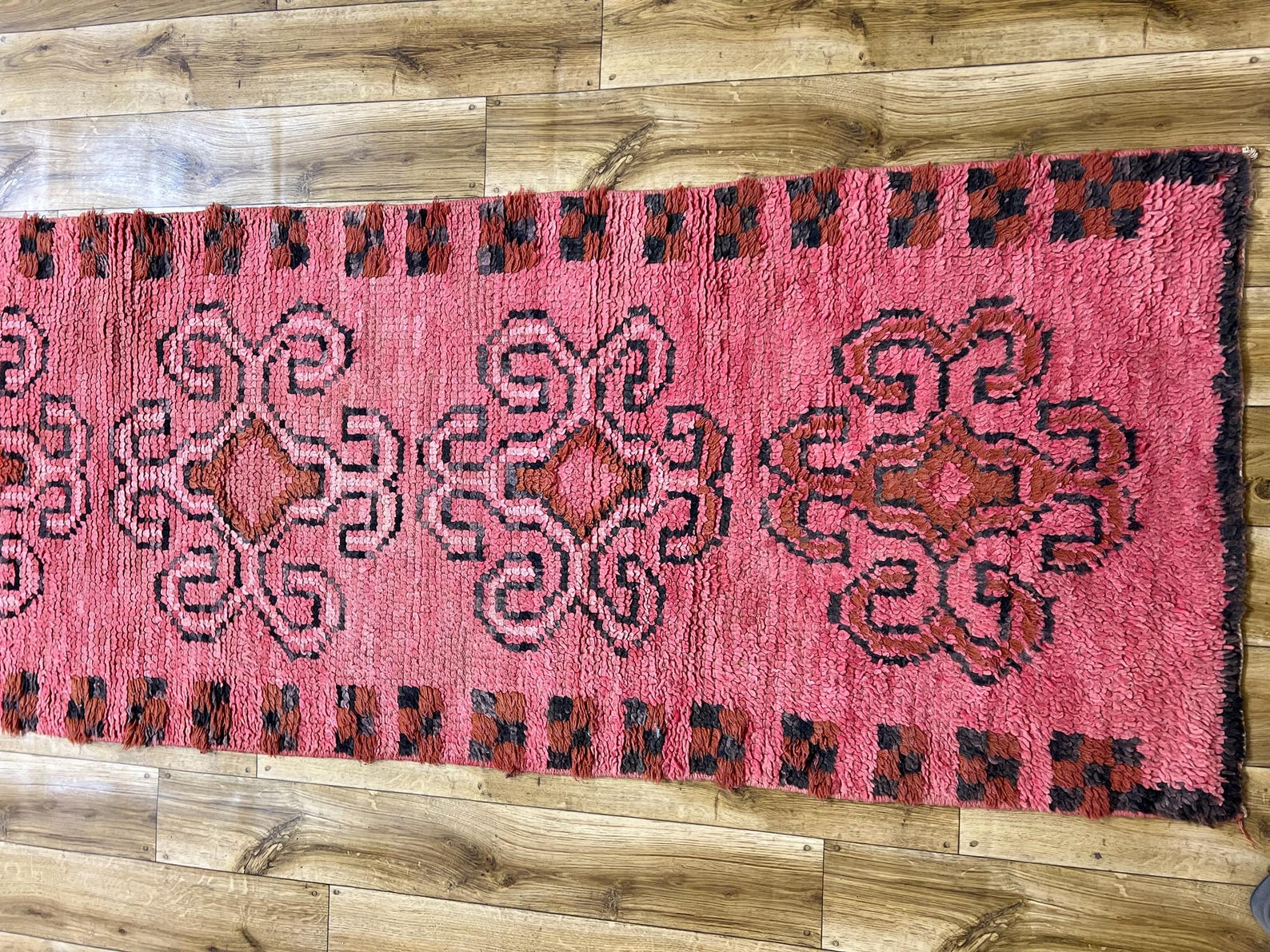 Amazigh Berber Pink Spiral Vintage Hand Knotted Wool Runner Rug