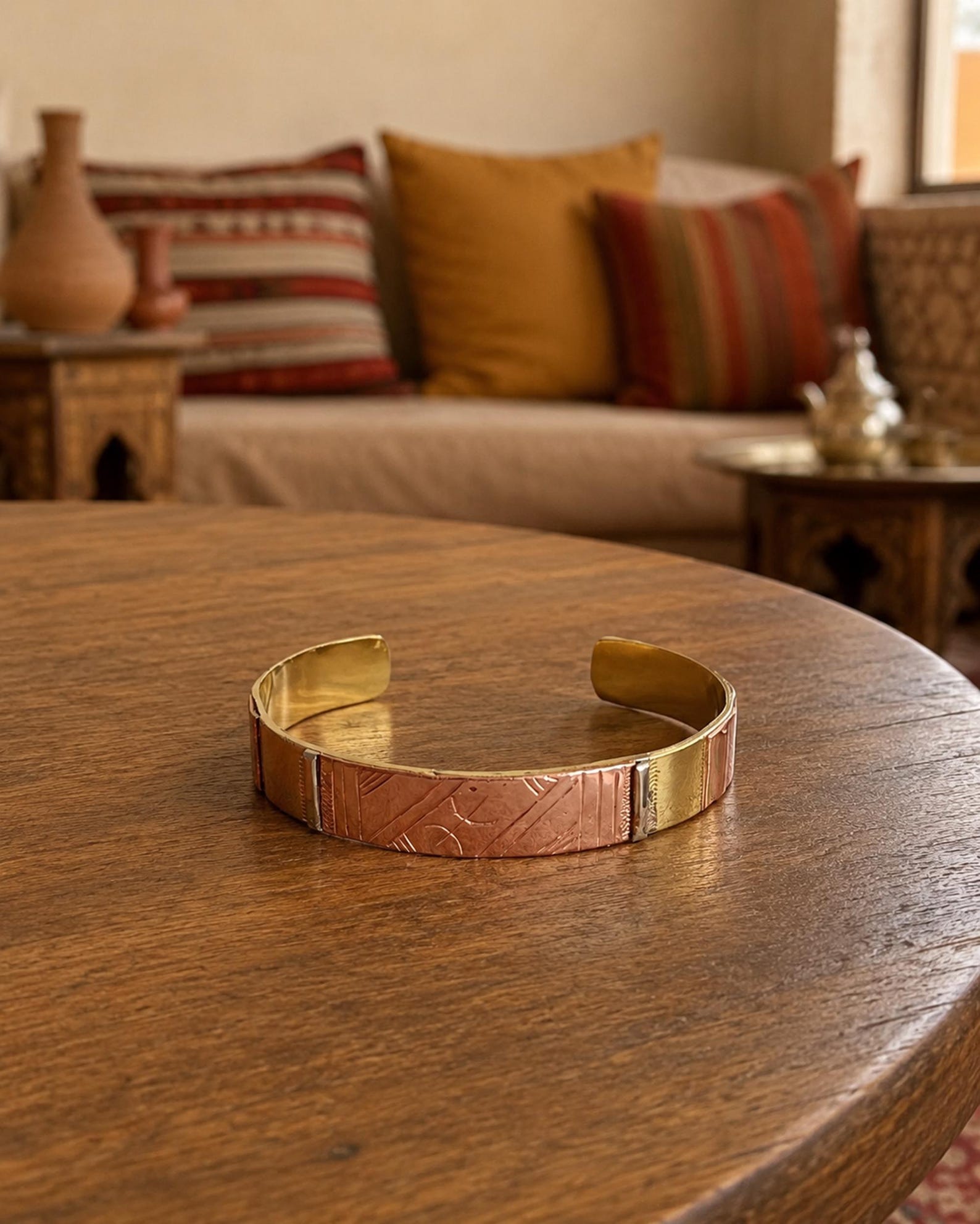 Amazigh Berber Tuareg Tifinagh Cuff Bracelet with Mixed Copper Silver Details