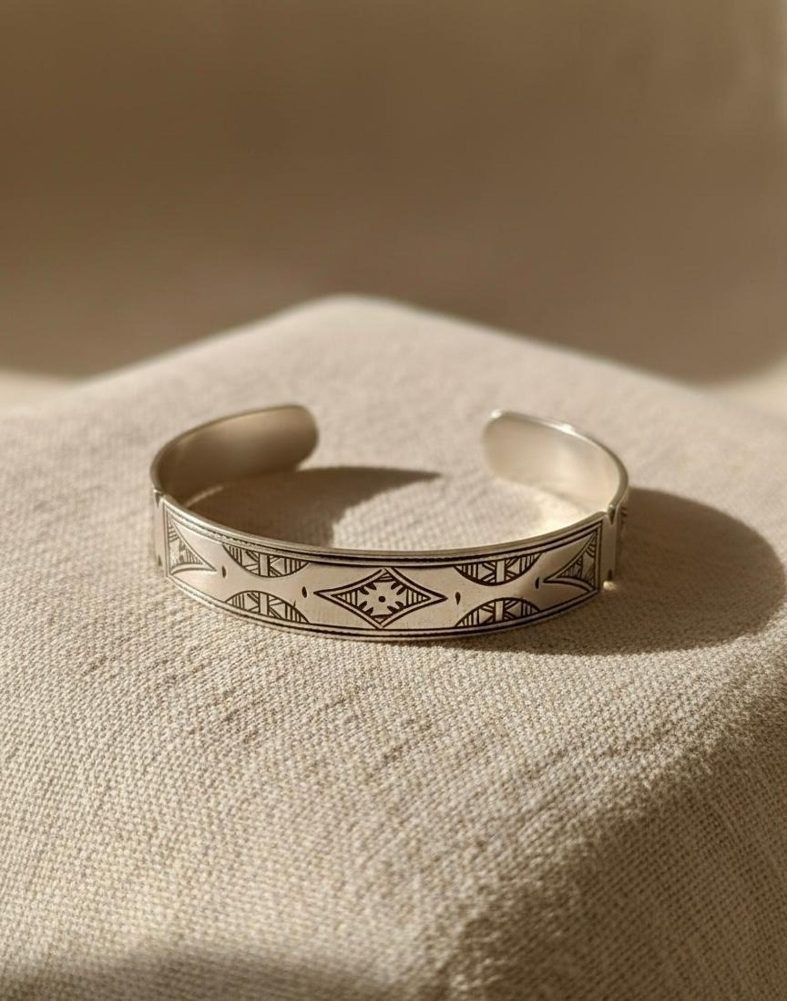 Berber Amazigh Engraved Silver-Toned Cuff Bracelet Minimal Unisex Style