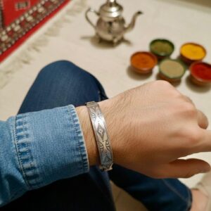Berber Amazigh Engraved Silver-Toned Cuff Bracelet Minimal Unisex Style