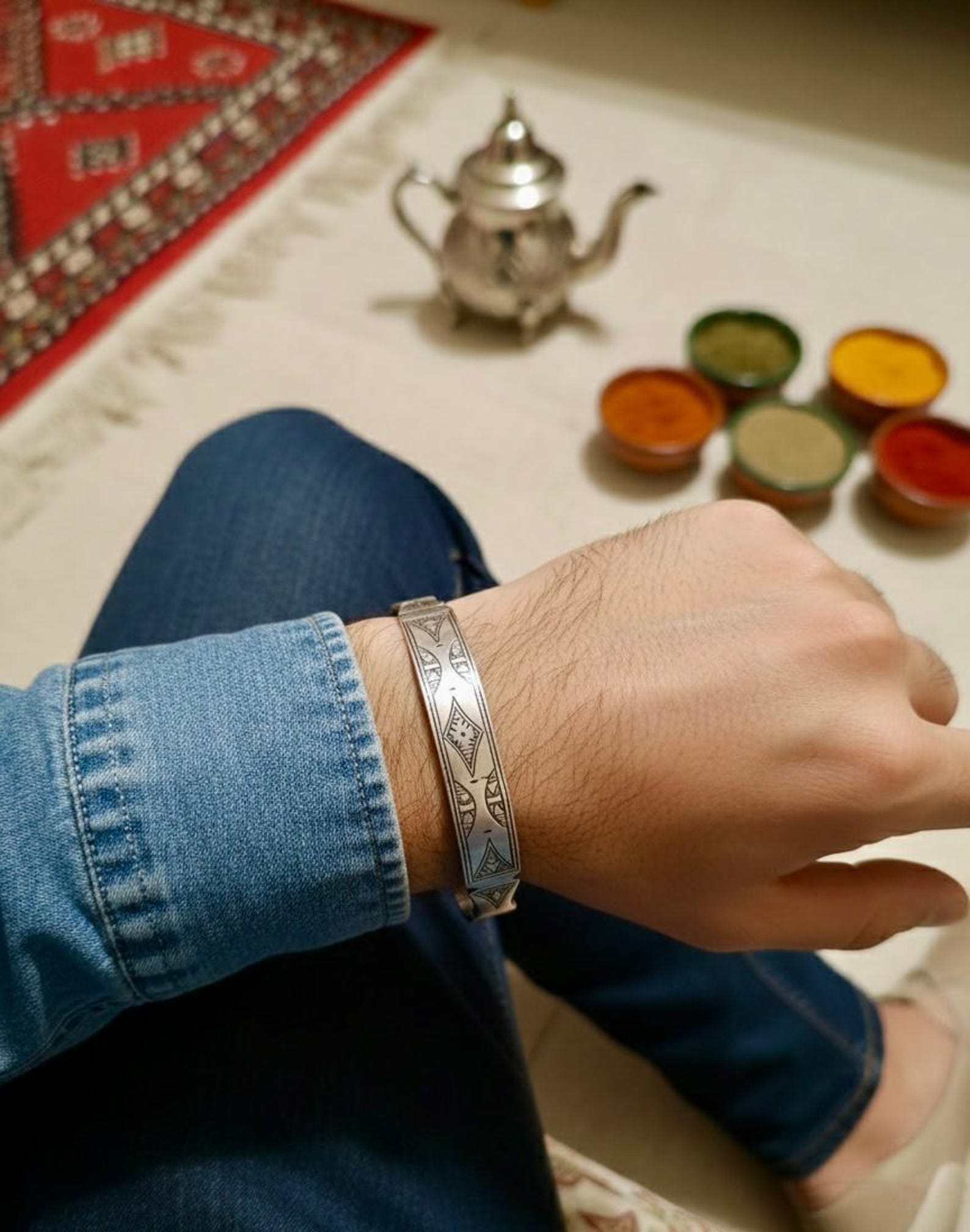 Berber Amazigh Engraved Silver-Toned Cuff Bracelet Minimal Unisex Style