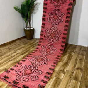 Amazigh Berber Pink Spiral Vintage Hand Knotted Wool Runner Rug