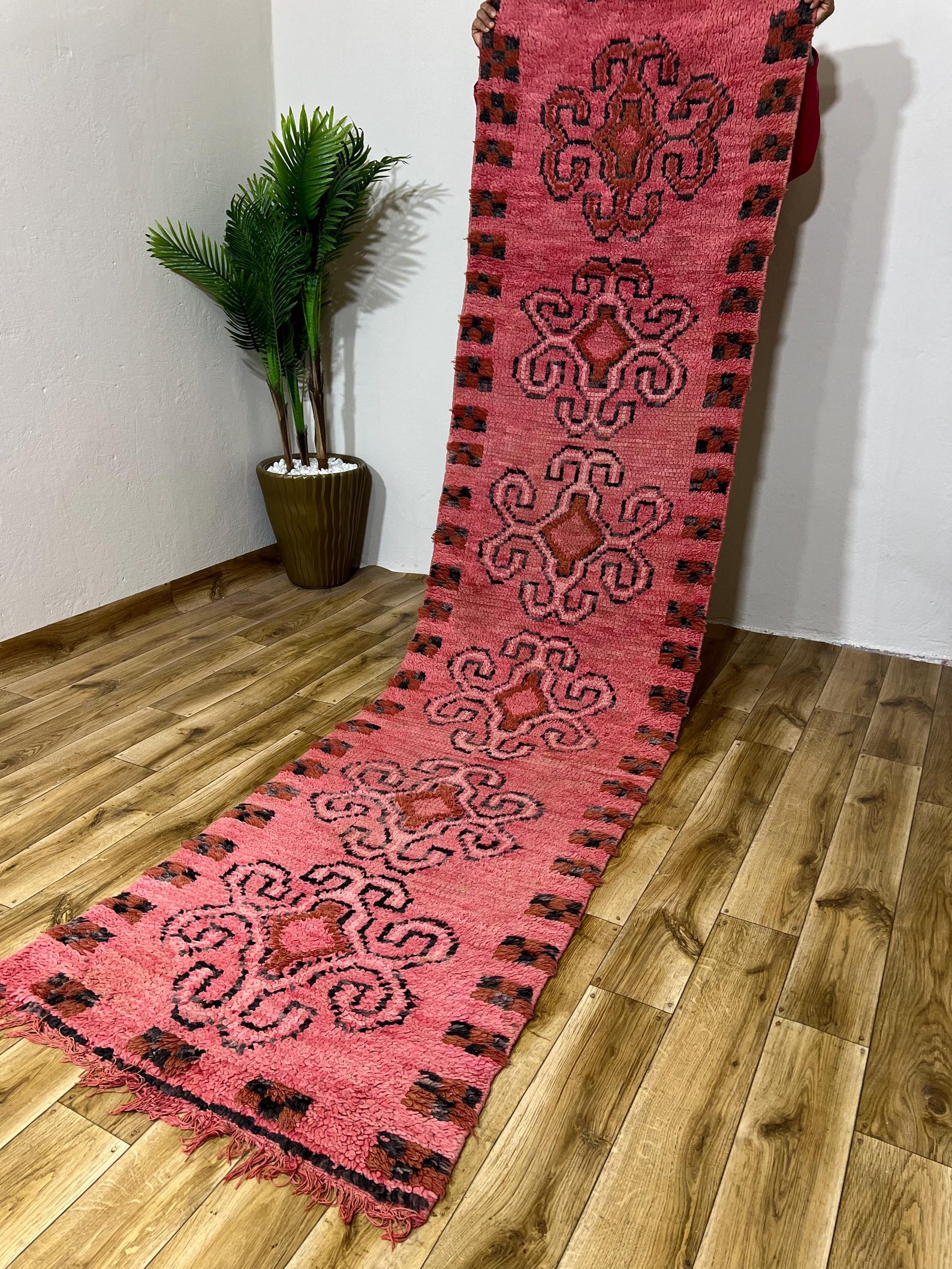 Amazigh Berber Pink Spiral Vintage Hand Knotted Wool Runner Rug
