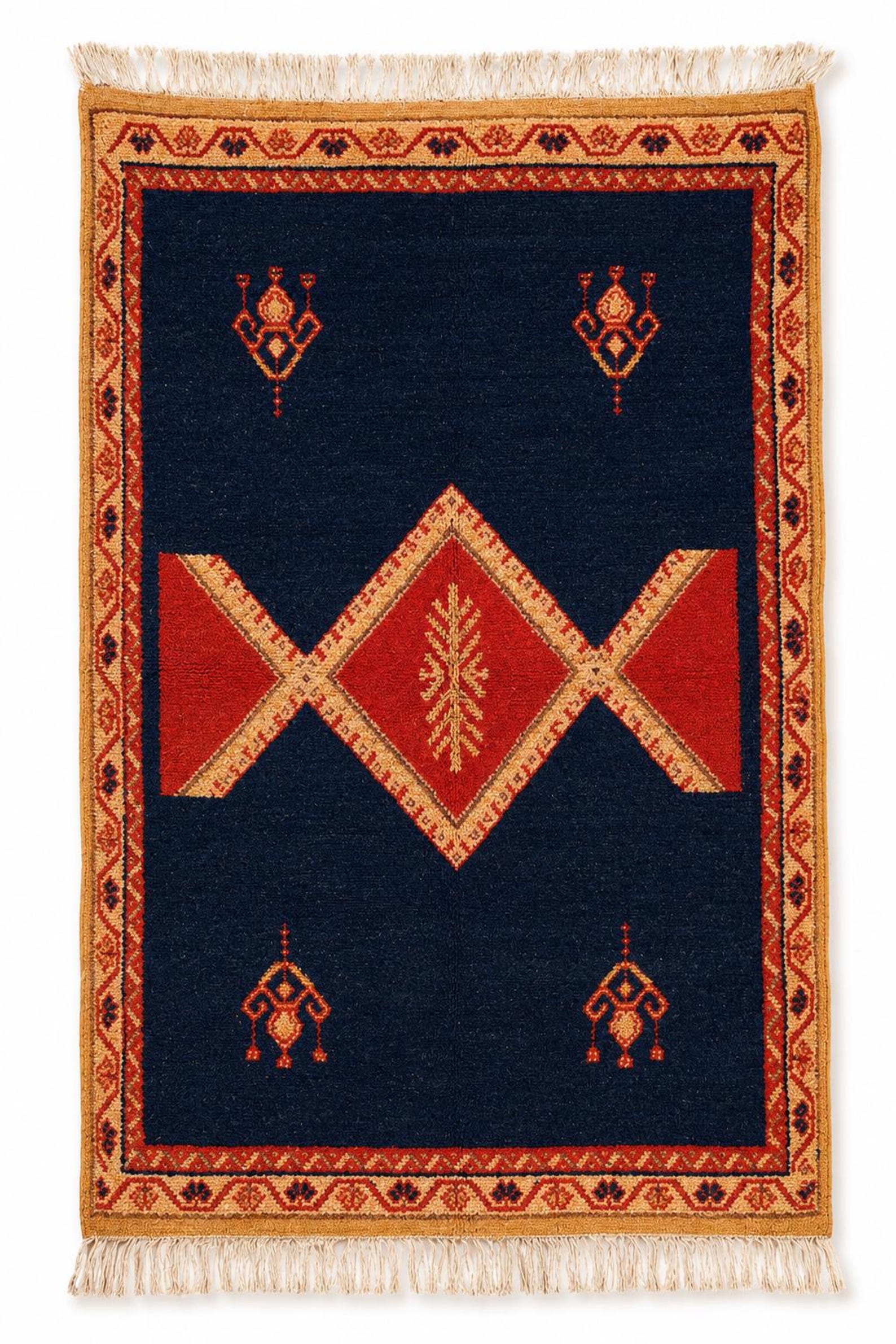Hand-knotted Berber Amazigh Navy Diamond Rug with symbols believed to carry meaning