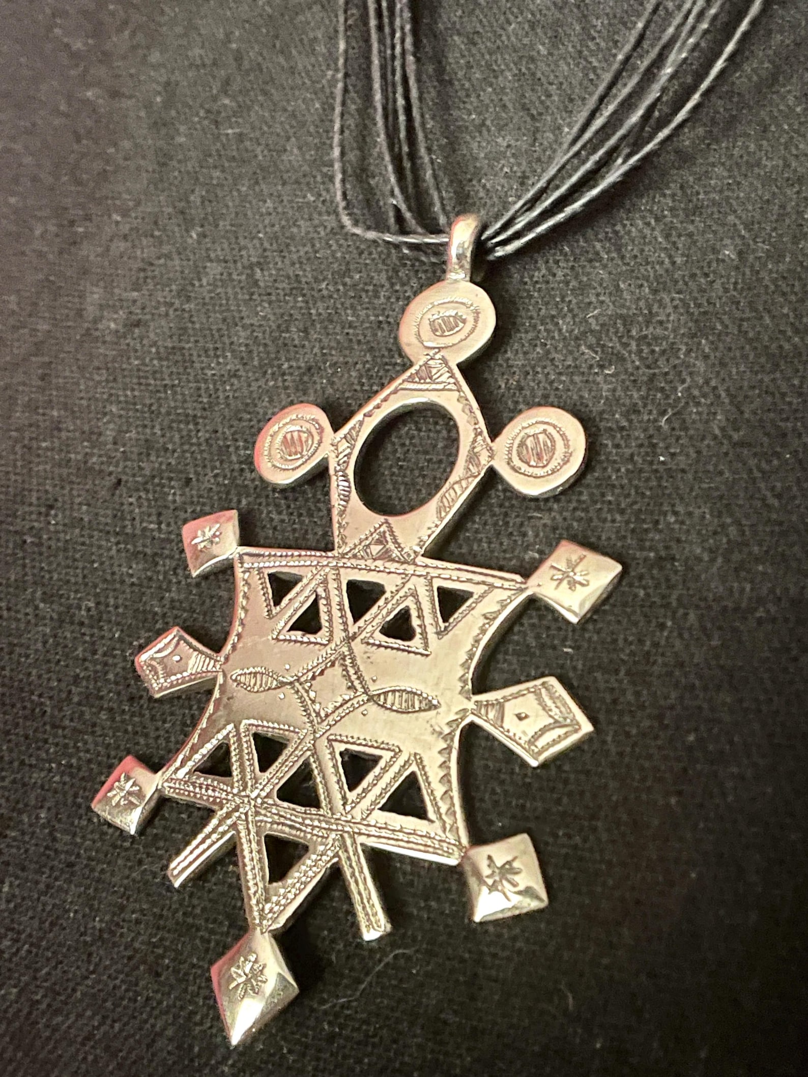 Amazigh Tuareg Silver Compass Cross Amulet rope Necklace