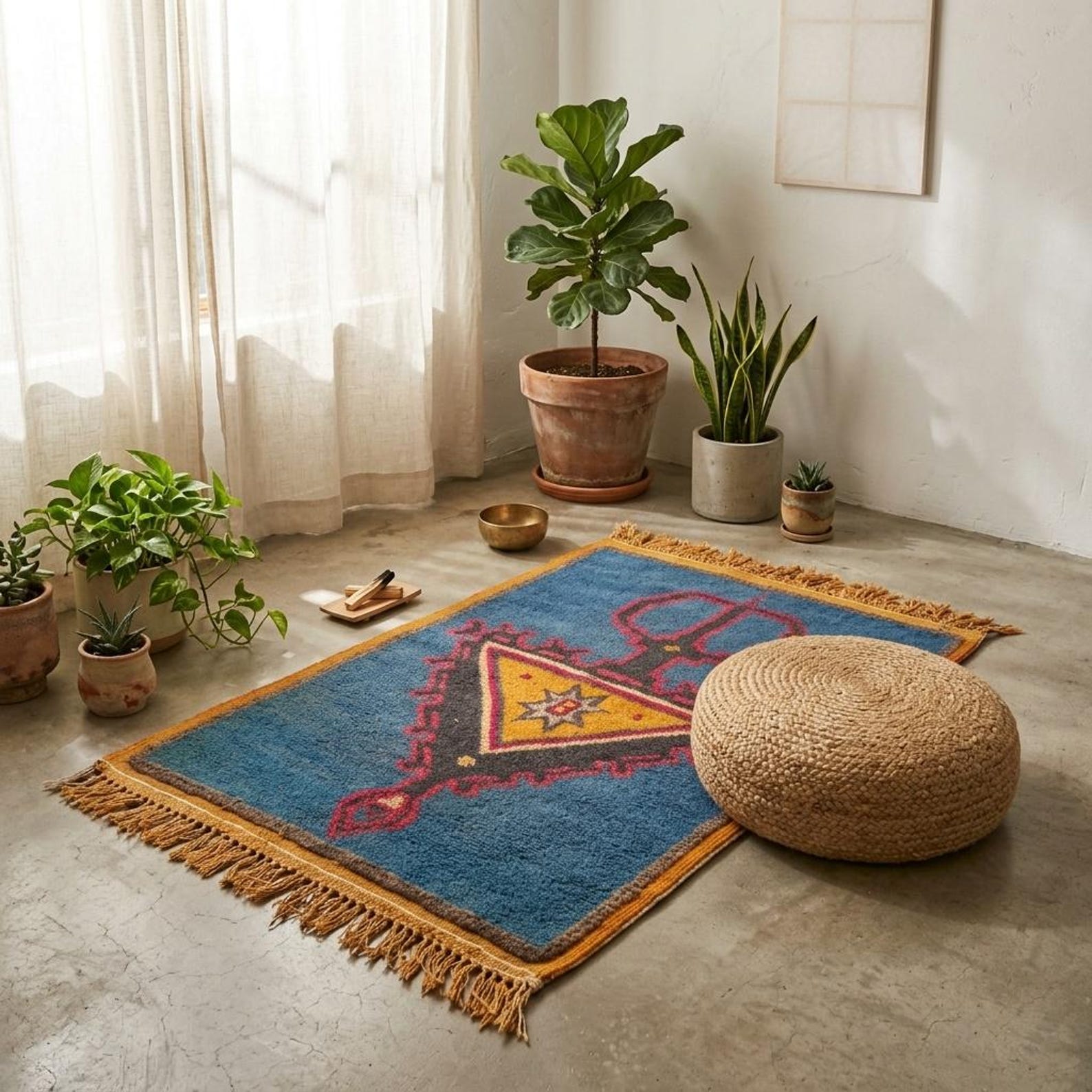 Amazigh Berber Tazenakht Boujaad Wool Rug with Red Geometric Patterns