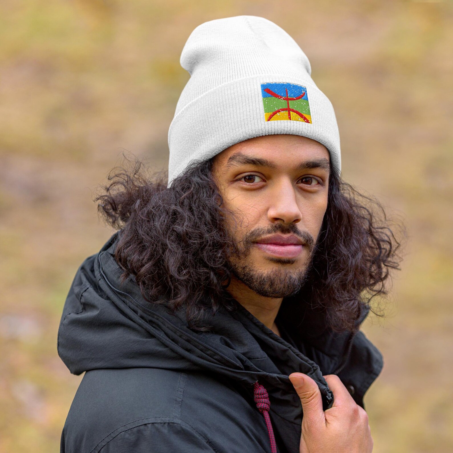 Amazigh Cuffed Beanie Embroidered Winter Symbol Sweatshirt with Berber Style
