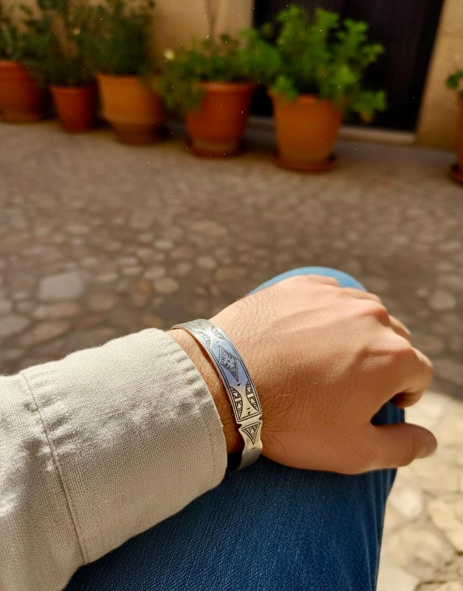 Berber Amazigh Engraved Silver-Toned Cuff Bracelet Minimal Unisex Style