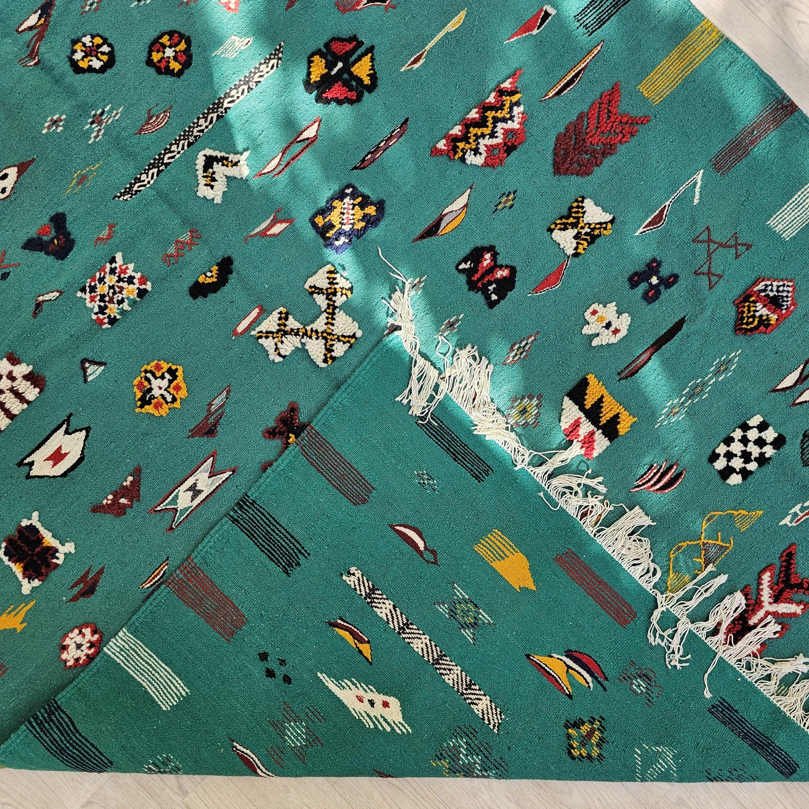 Amazigh Berber Colorful Teal Wool Rug with Tribal Symbols