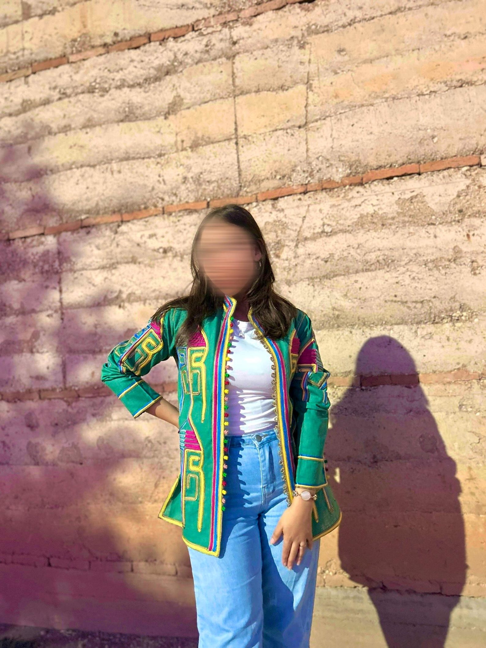 Amazigh Embroidered Green Linen Jacket Berber Boho Coat
