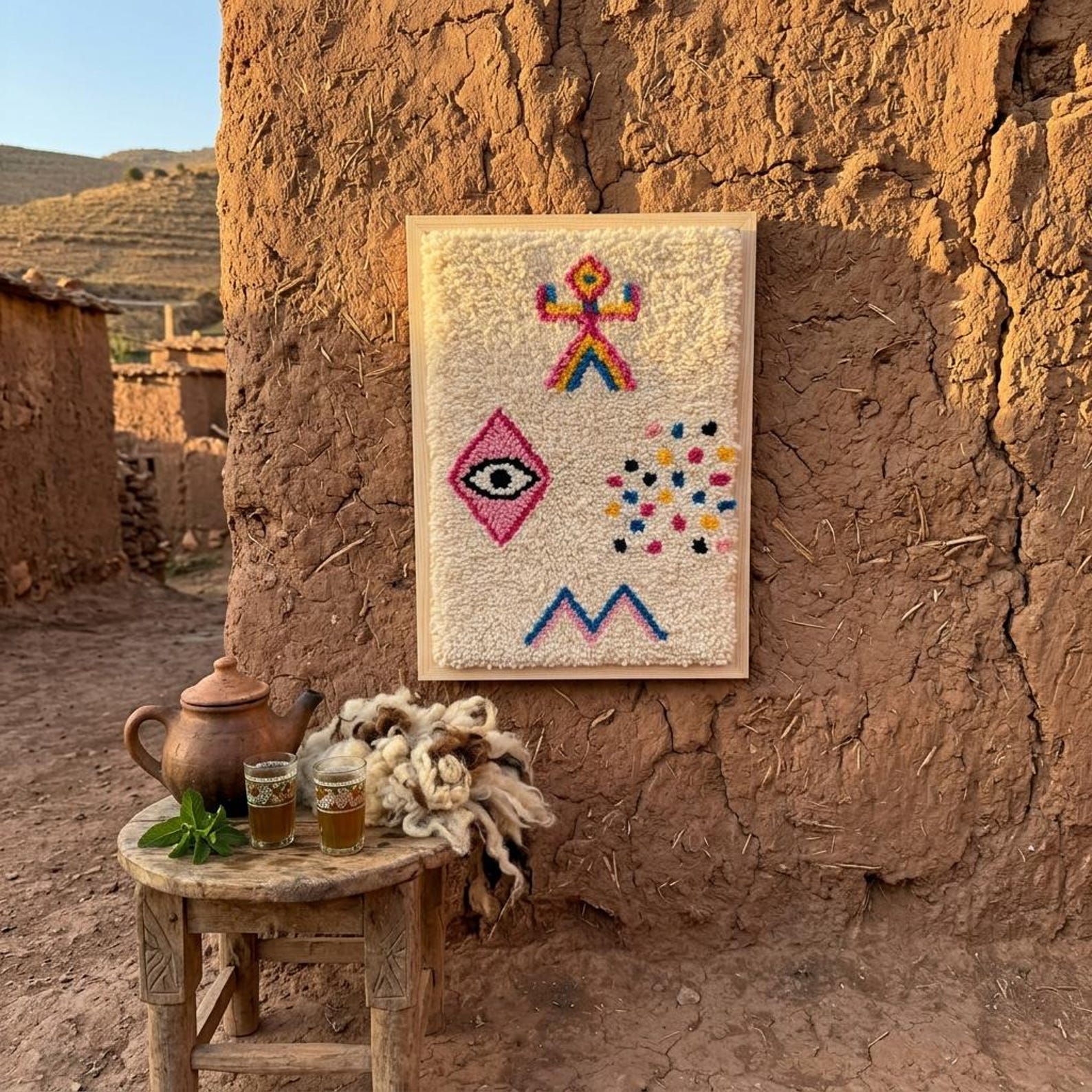 Berber Amazigh Knotted Wool Tapestry Protective Eye Symbol Wall Art