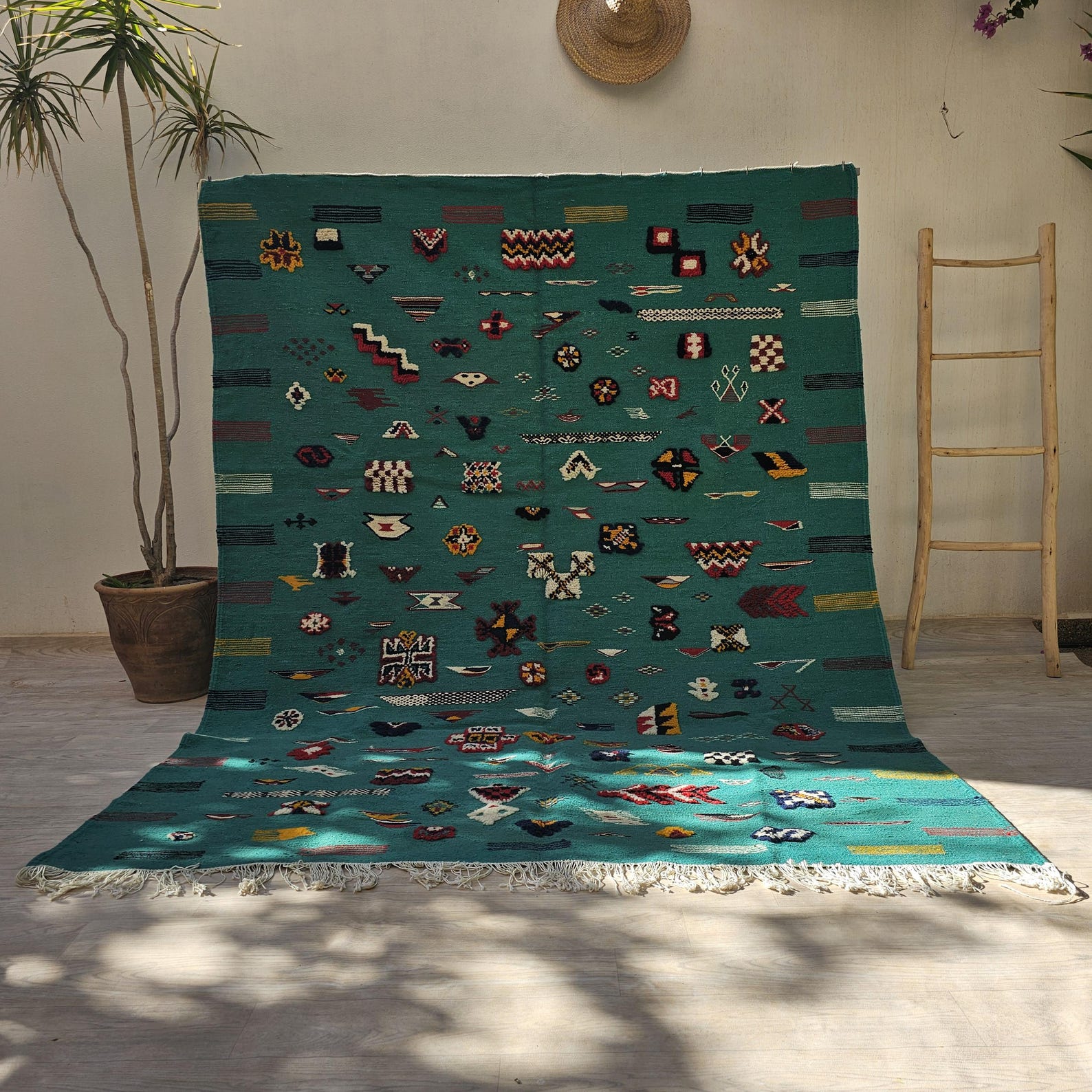 Amazigh Berber Colorful Teal Wool Rug with Tribal Symbols