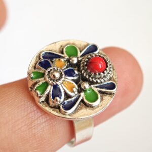Amazigh Berber Kabyle Adjustable Silver Enamel Ring with Flower Motif