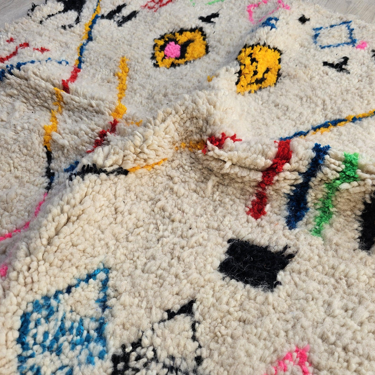 Colorful Berber Amazigh Azilal Beni Ourain Wool Rug Tribal Design