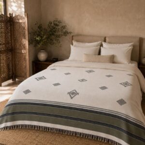 Amazigh Handwoven Cotton Blanket with Olive Border Bedspread Cover