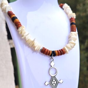 Amazigh Berber Tuareg Cross Necklace with Natural Shells and Beads