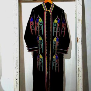 Amazigh Berber Black Kaftan Coat with Rainbow Embroidery