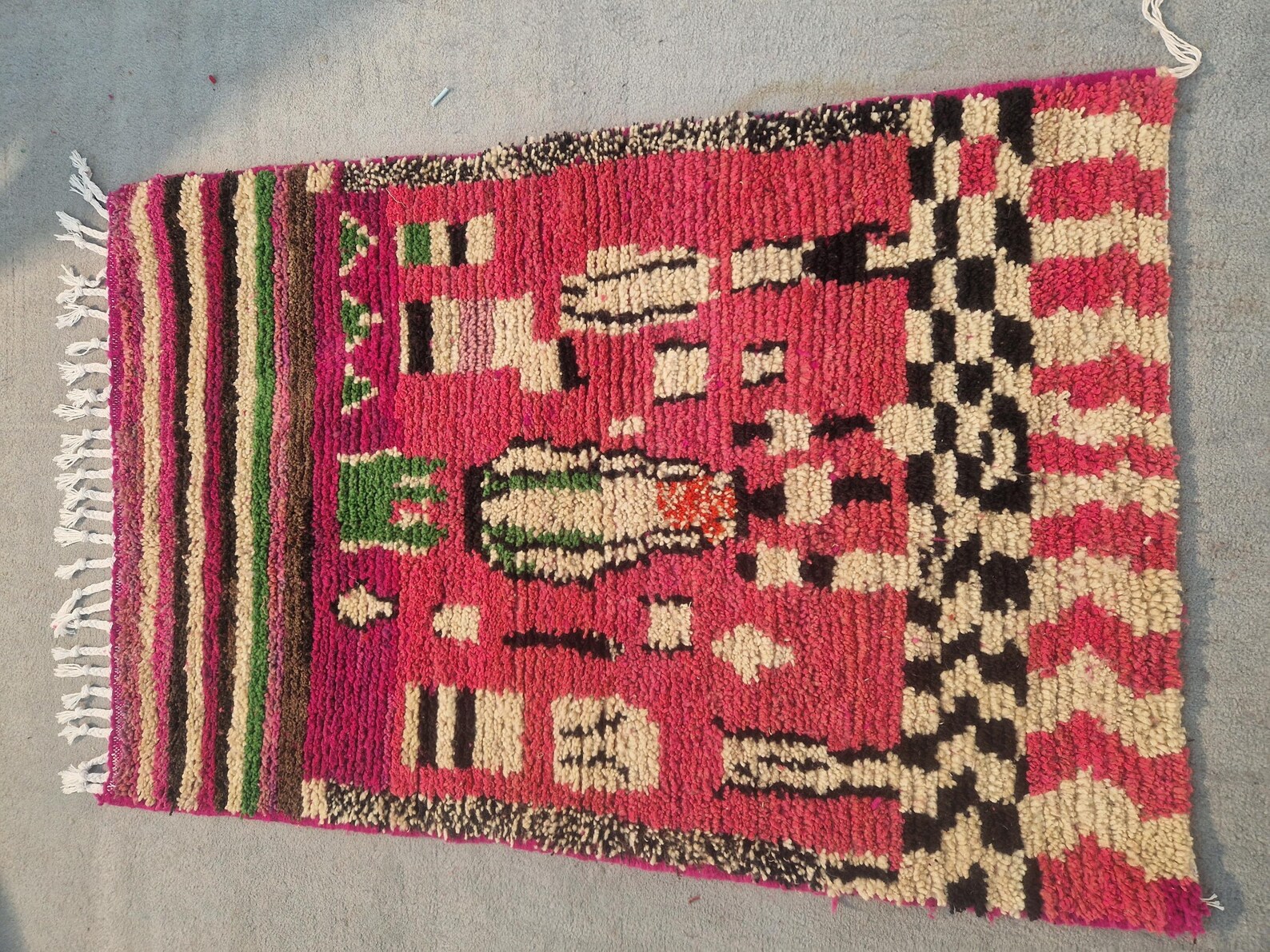 Fuchsia Pink Amazigh Berber Handmade Wool Boujad Rug with Mosaic Design