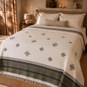 Amazigh Handwoven Cotton Blanket with Olive Border Bedspread Cover