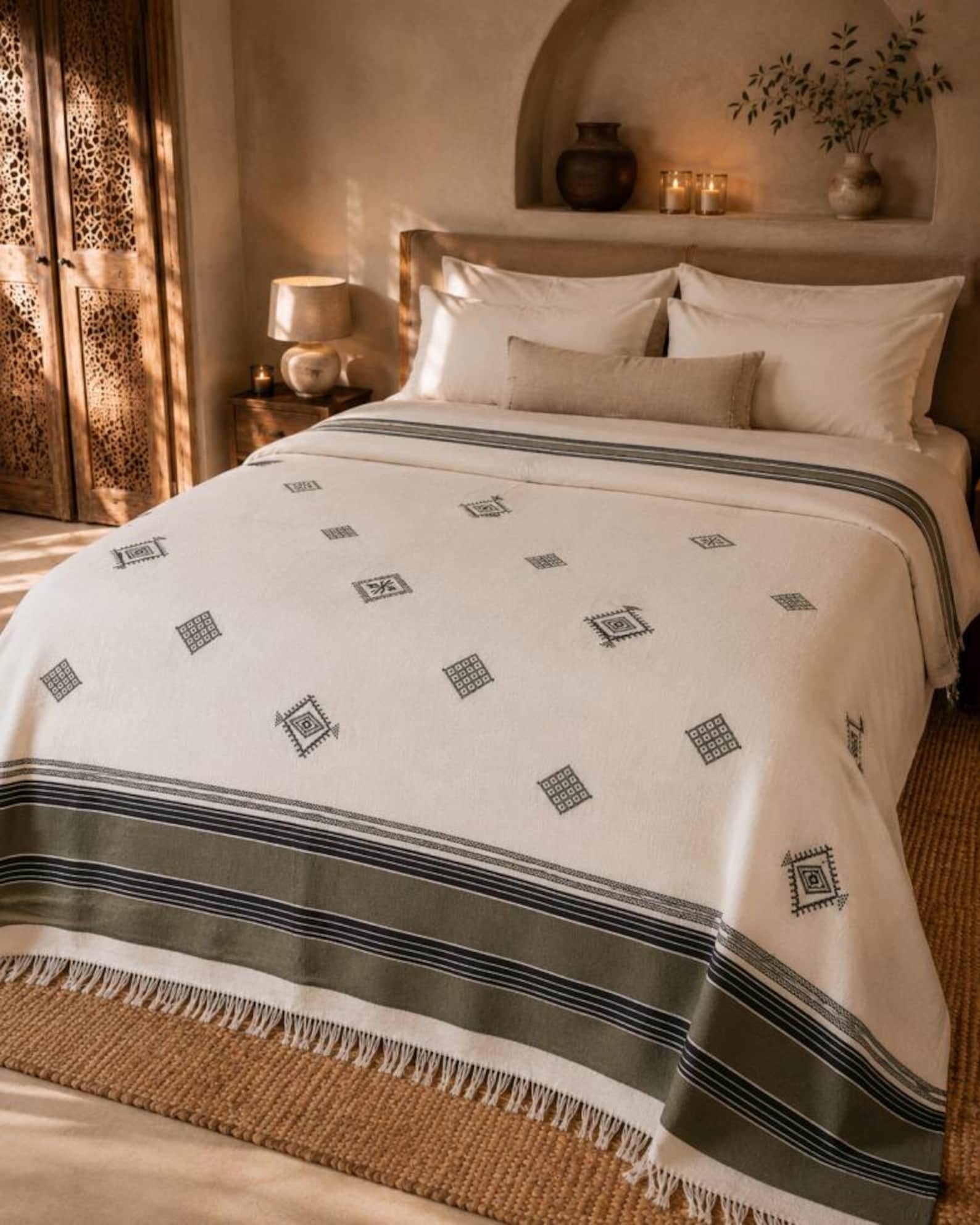Amazigh Handwoven Cotton Blanket with Olive Border Bedspread Cover