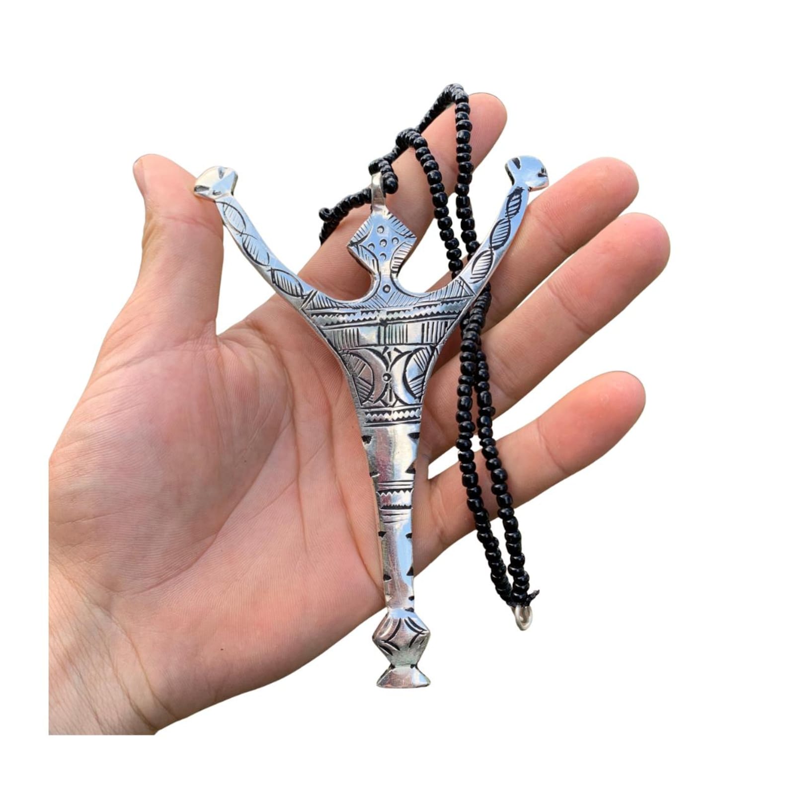 Berber Amazigh Handmade Tuareg Cross Necklace with Black Bead Chain