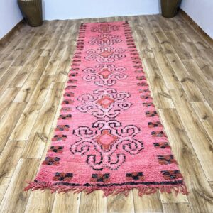 Amazigh Berber Pink Spiral Vintage Hand Knotted Wool Runner Rug