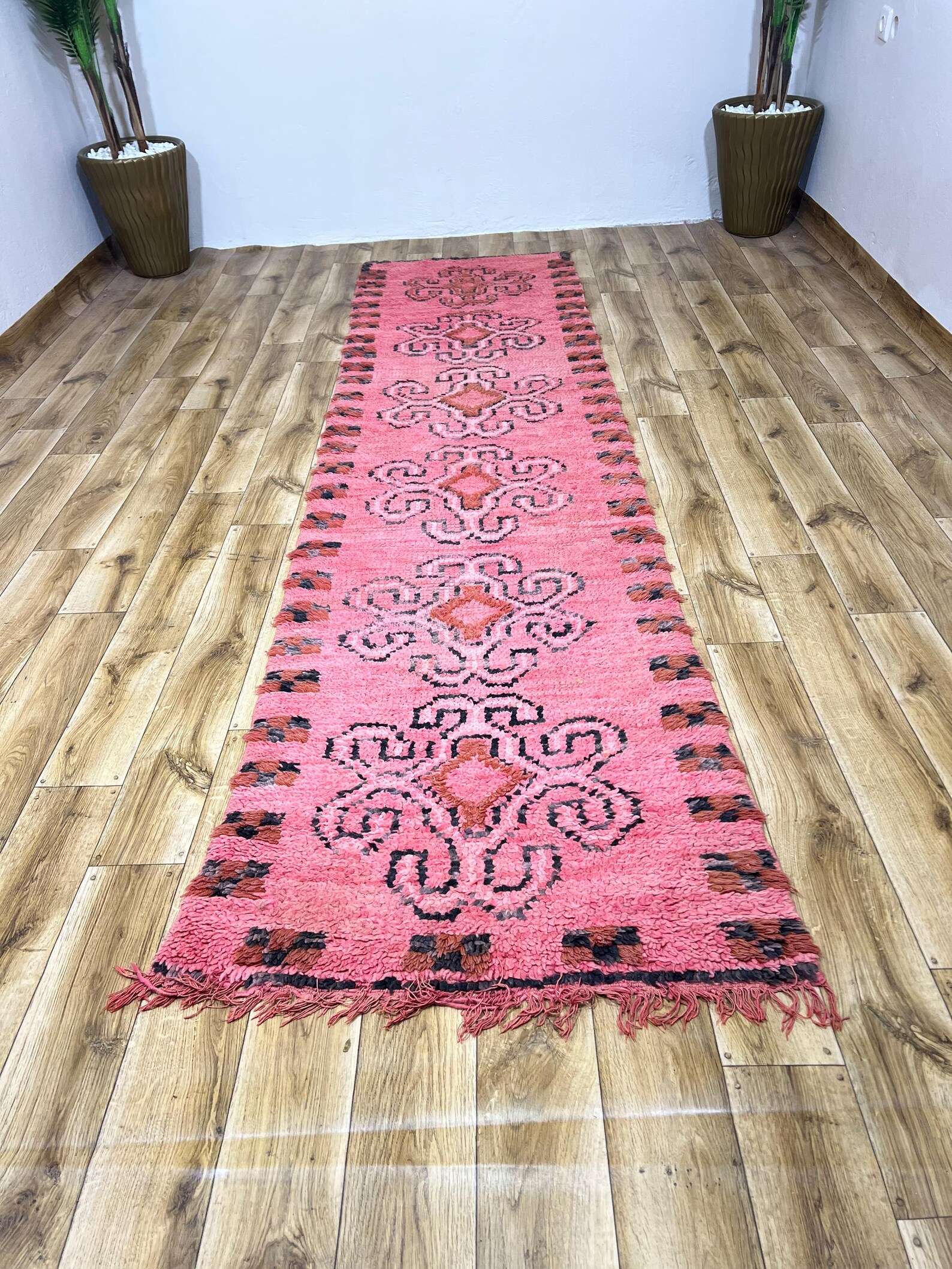 Amazigh Berber Pink Spiral Vintage Hand Knotted Wool Runner Rug