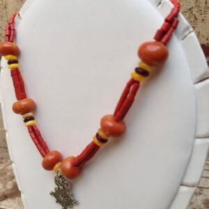 Berber Amazigh Souss Necklace with Synthetic Amber Beads and Plated Pendant