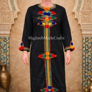 Amazigh Berber Embroidered Kaftan with Geometric Embroidery and Colorful Tassels