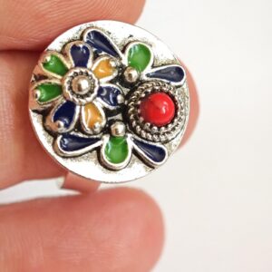 Amazigh Berber Kabyle Adjustable Silver Enamel Ring with Flower Motif