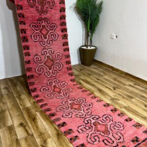 Amazigh Berber Pink Spiral Vintage Hand Knotted Wool Runner Rug