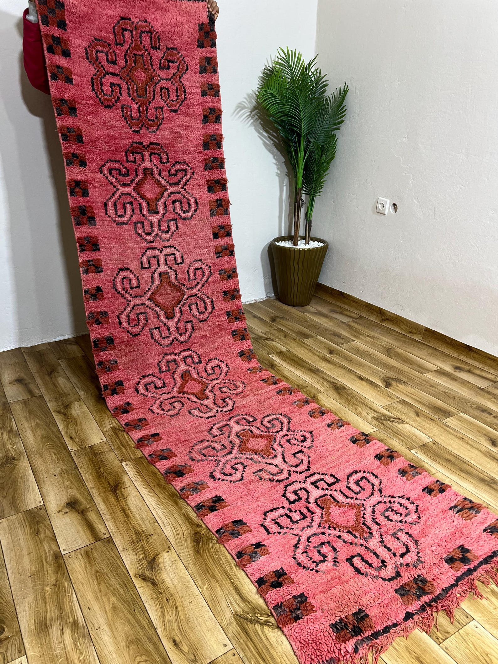Amazigh Berber Pink Spiral Vintage Hand Knotted Wool Runner Rug