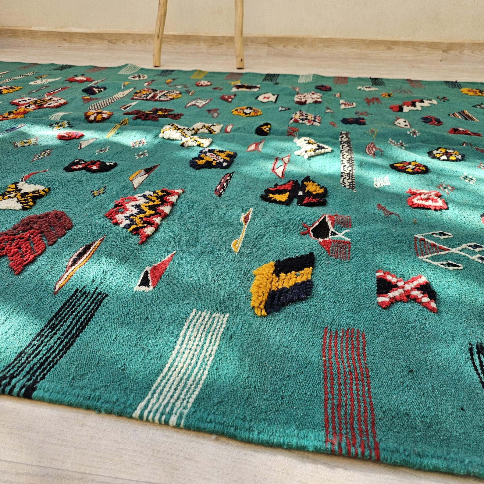 Amazigh Berber Colorful Teal Wool Rug with Tribal Symbols