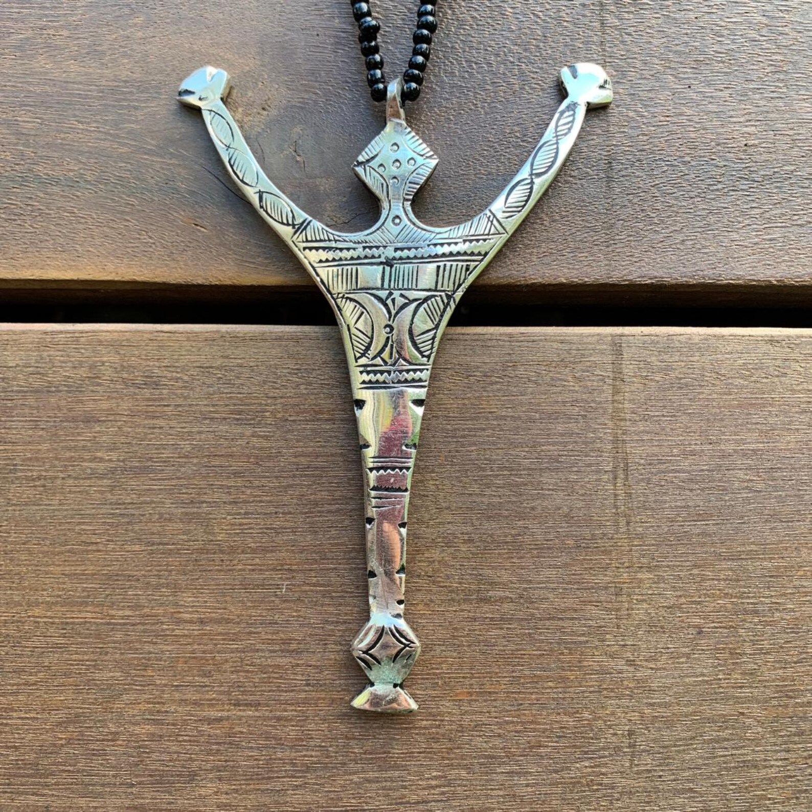 Berber Amazigh Handmade Tuareg Cross Necklace with Black Bead Chain