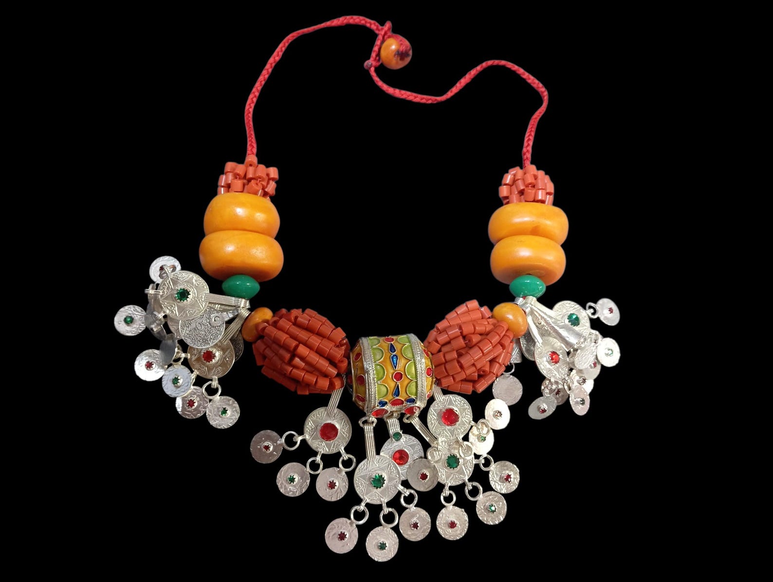 Amazigh Berber Amber Coral Tribal Silver Statement Necklace