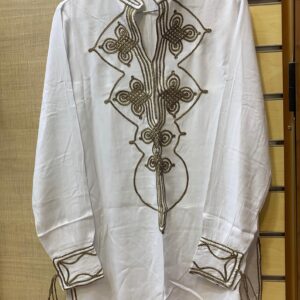 Amazigh Elegant Women’s Tunic with Gold Brown Embroidery White Cotton