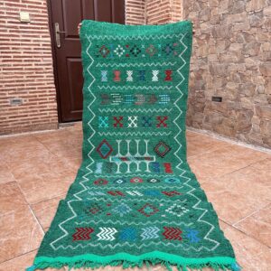 Amazigh Berber Green Handwoven Runner Rug with Geometric Patterns