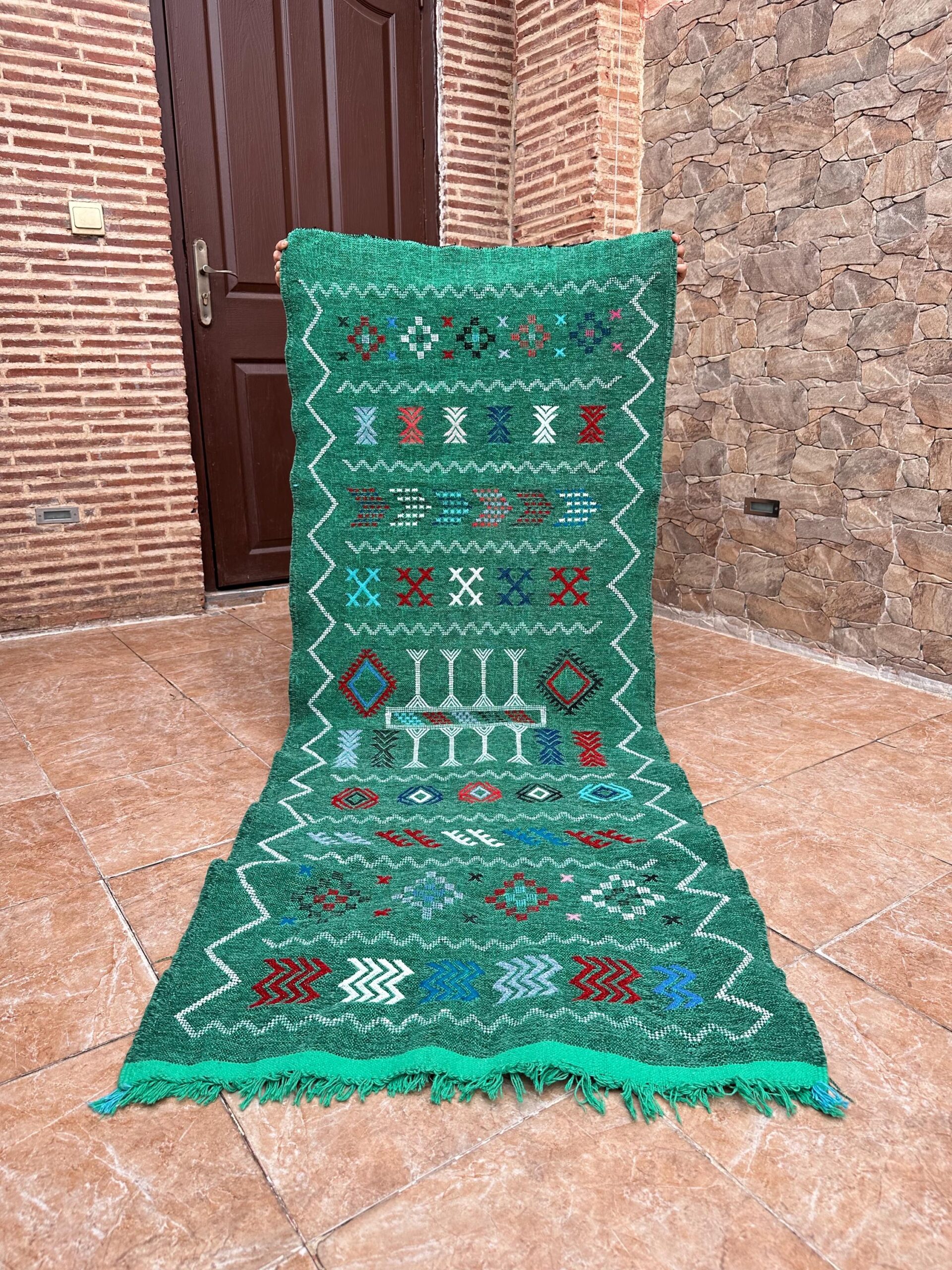 Amazigh Berber Green Handwoven Runner Rug with Geometric Patterns