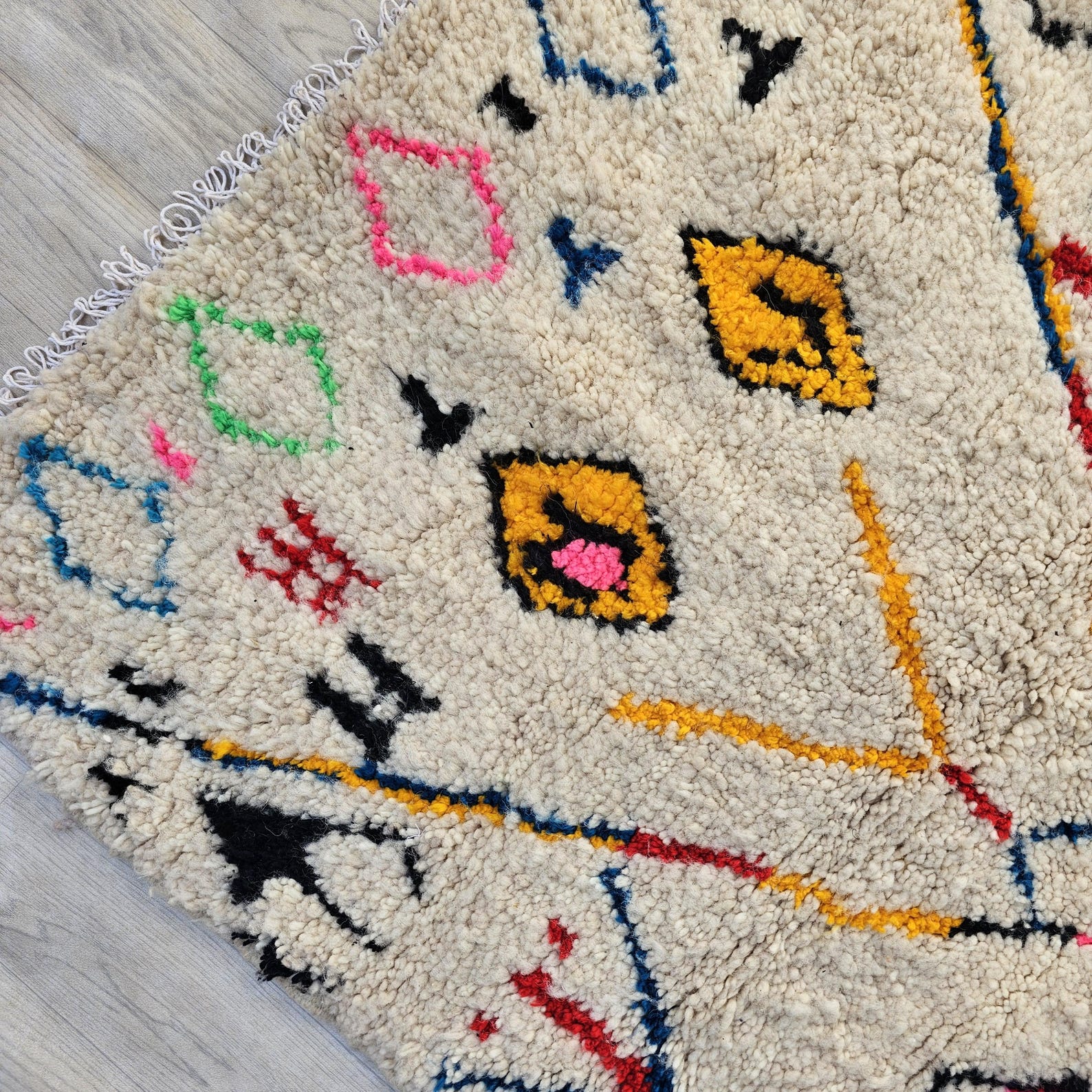 Colorful Berber Amazigh Azilal Beni Ourain Wool Rug Tribal Design