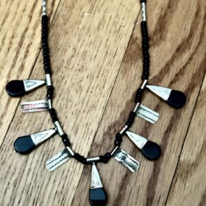 Amazigh Tuareg Sterling Tear Onyx Bead Necklace with African Amulet Design