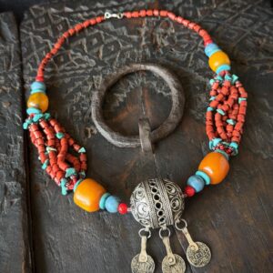 Amazigh Berber Tagmout Necklace with Coral Turquoise Copal Beads