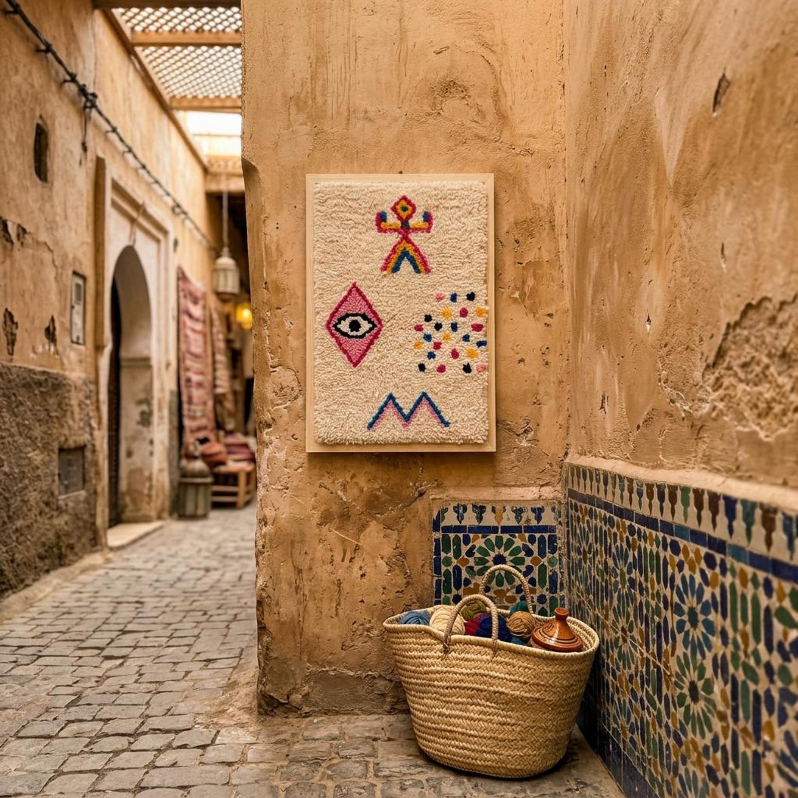 Berber Amazigh Knotted Wool Tapestry Protective Eye Symbol Wall Art