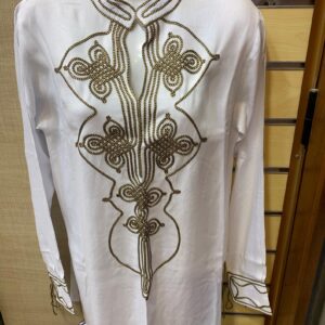 Amazigh Elegant Women’s Tunic with Gold Brown Embroidery White Cotton