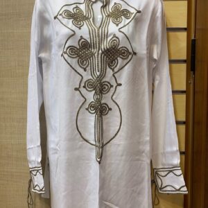 Amazigh Elegant Women’s Tunic with Gold Brown Embroidery White Cotton