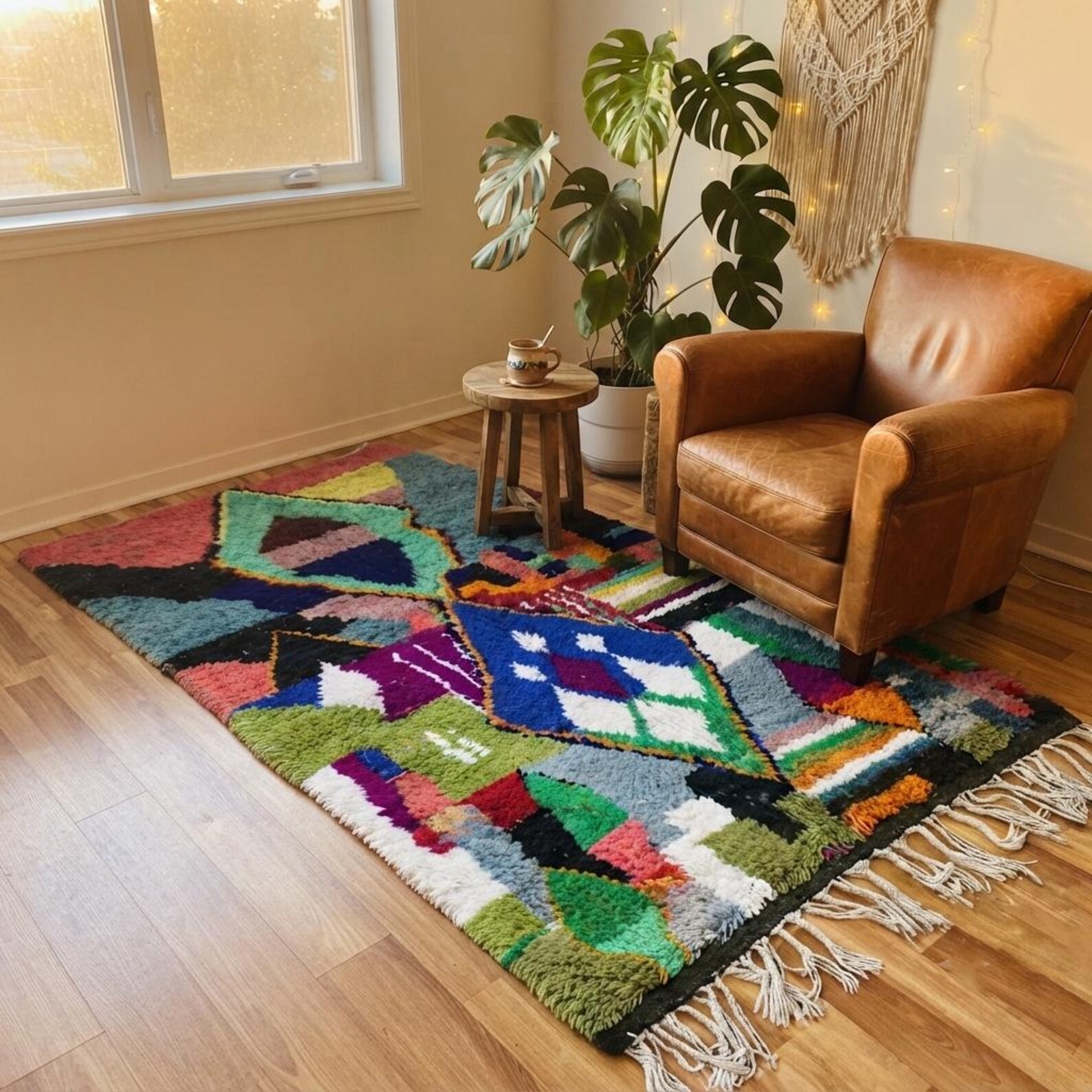 Amazigh Berber Handmade Wool Rug with Geometric Diamond Design