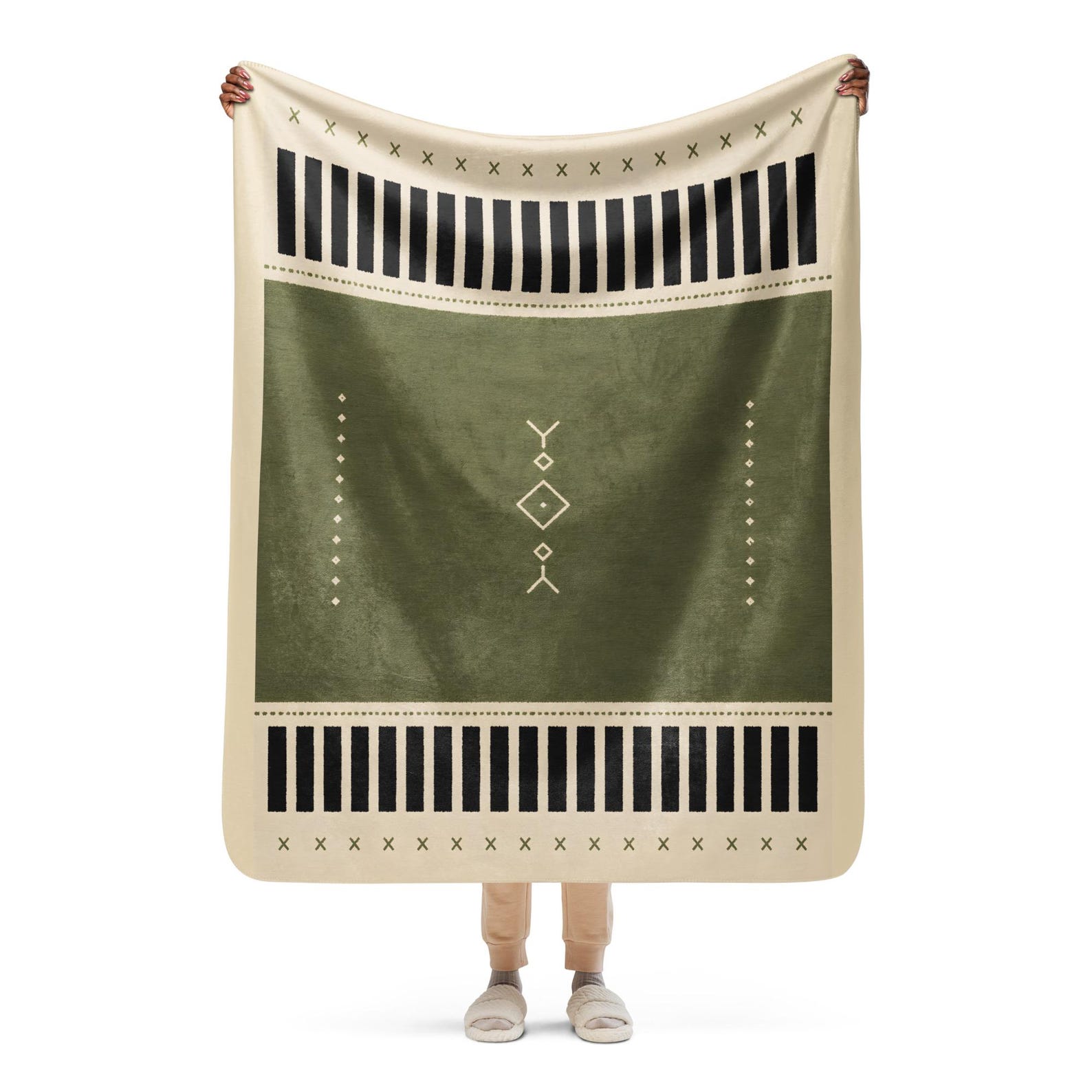 Amazigh Berber Sherpa Blanket Olive Green North African Modern Geometric Throw